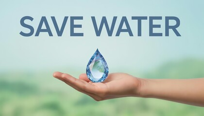 a banner with the message "Save the water," with a hand holding a crystal drop
