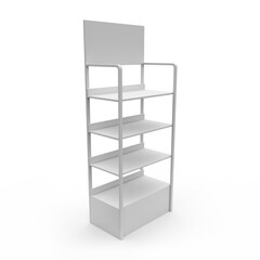 Supermarket Promotional Display Rack, Empty Product Display, Four Tier PDQ Display Stand Isolated on White Background, Floor Stand Display. 3D Rendered.