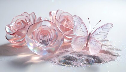 glass pink roses and a butterfly