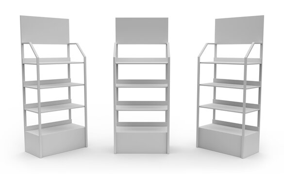 Supermarket Promotional Display Rack, Empty Product Display, PDQ Display Box With Three Different View, Floor Stand Display. 3D Rendered.