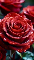red roses with dewdrops on the petals