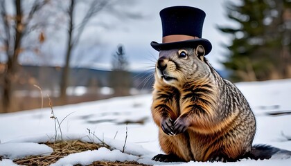 a groundhog with a black top hat on its head