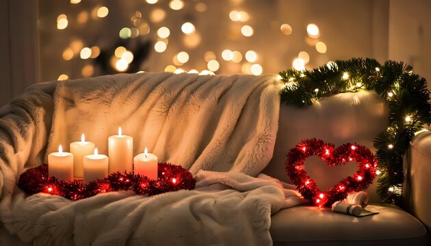 Christmas candles on the couch, Christmas tinsel