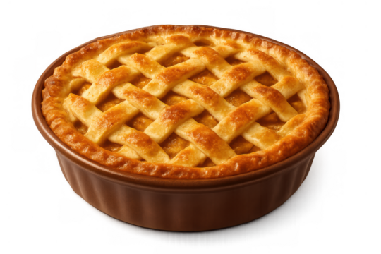 Golden homemade apple pie in a ceramic dish, fresh baked dessert with lattice crust, comfort food baking