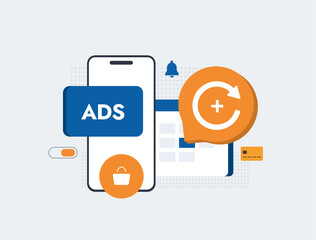 Hybrid monetization concept combining in-app purchases, application ads and subscriptions. Hybrid monetization improve revenue and user engagement in mobile business and digital economy illustration