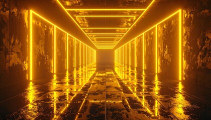 Glowing gold rectangles illuminate a textured corridor with a wet, reflective floor leading to a hazy vanishing point