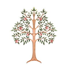 Fototapeta premium A stylized tree with ornate branches and vines. Isolated watercolor illustration of a fairytale tree for interior design, apparel, educational materials, fabrics, books, and children's room decor.