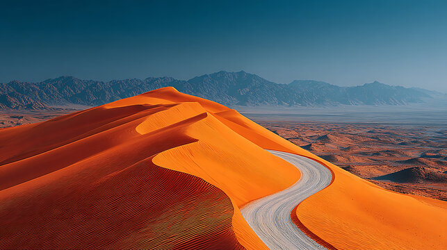 Aerial view of a sandy desert with a white road winding through the dunes under a blue sky and mountains - Powered by Adobe