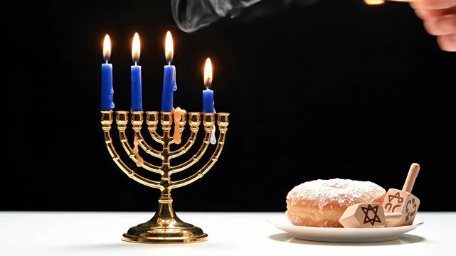 Person Lighting Blue Candles In Golden Menorah With Plate Of Doughnuts And Dreidels On White Surface