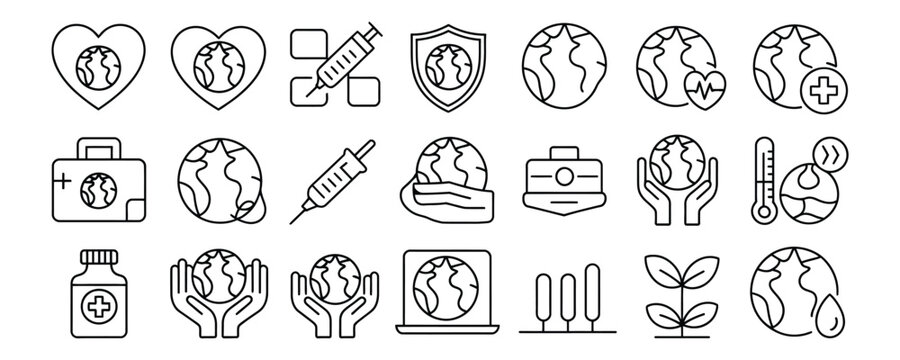 Line art icons showing global health and sustainability solutions for environmental awareness campaigns and medical breakthroughs worldwide