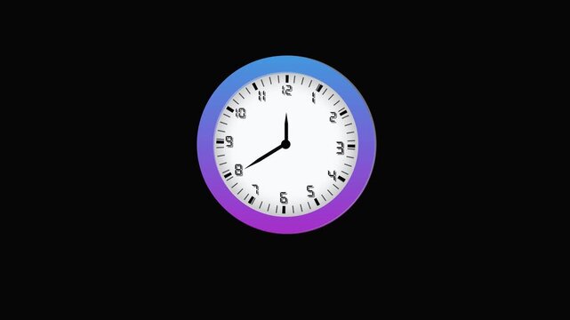 Modern Clock Face with Gradient Bezel Ringing at 12:00 on animation Black Background time watch. 24 hours clock time lapse animation, clock face with numbers on black background.