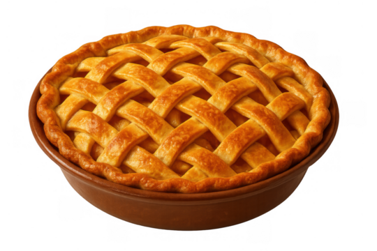 Whole baked apple pie with a beautiful golden brown lattice crust on a transparent background, ready for serving