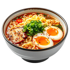 A close-up of a bowl of ramen noodles with toppings, clipart, isolated on a transparent background.