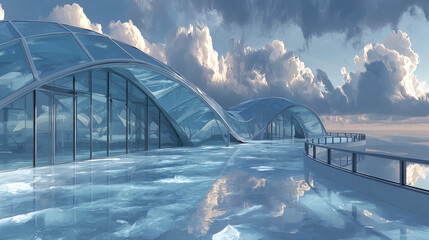 Glass Arched Walkway Under Cloudy Sky