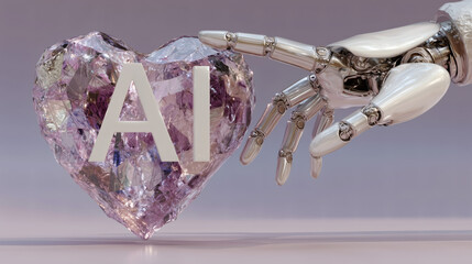 Robotic Hand Touching AI Crystal Heart