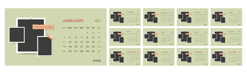 2026 minimalist photo calendar template with quote set of horizontal layout pages