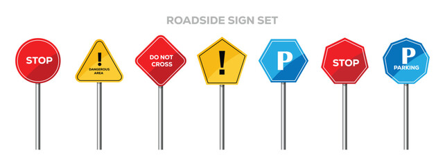 Set of road sign. Stop, parking, warning  traffic signs. street traffic and road signs vector set. Highway attention roadsign collection. Vector illustration.