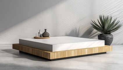 Contemporary low platform coffee table with decorative objects and plant.