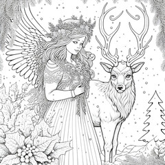 Christmas Coloring Page – Fantasy Winter Landscape with Angel and Reindeer