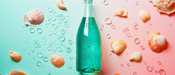 Aqua Bottle Surrounded by Seashells and Water Drops on Pink Background