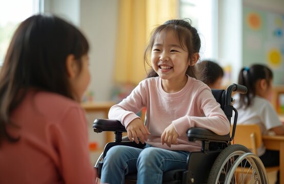 Cheerful asian girl sits in wheelchair with classmates in kindergarten. Disabled child smiles with peers. Inclusion education for kids with special needs at primary school classroom.