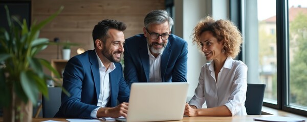 Diverse business people collaborate around laptop in modern office. Smiling colleagues, man and woman, discuss project, share ideas, plan strategy. Teamwork, planning, meeting, corporate life.