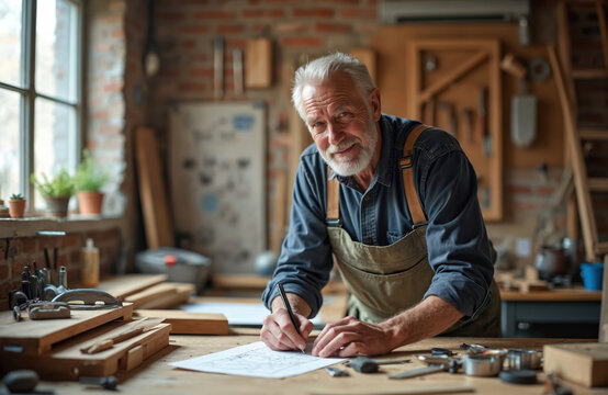 Senior man smiles, drawing detailed furniture design on paper in cozy home workshop. Wears work apron, actively works at rustic wooden workbench. Old male carpenter sketches complex project plans,