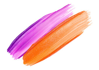 Double paint stroke, bright orange and purple color. Swatch for design. Isolated element with clear even edge on transparent background