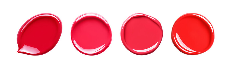 Red liquid lipstick texture. Set of round cosmetics swatches. Isolated element with clear even edge on transparent background