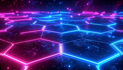 Glowing hexagonal tiles with pink and blue neon edges on a textured surface, sprinkled with sparkling particles