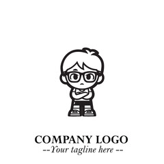 Black and White Chibi Boy Illustration with Jacket and Boots in Bold Thick Line Art Minimal Style