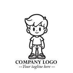 Black and White Chibi Boy Illustration with Jacket and Boots in Bold Thick Line Art Minimal Style