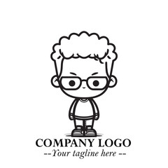 Black and White Chibi Boy Illustration with Jacket and Boots in Bold Thick Line Art Minimal Style