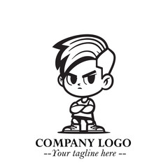 Black and White Chibi Boy Illustration with Jacket and Boots in Bold Thick Line Art Minimal Style