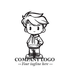 Black and White Chibi Boy Illustration with Jacket and Boots in Bold Thick Line Art Minimal Style