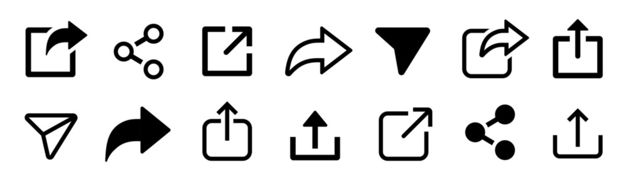 Share icon set. Share web buttons. Link, share arrow, send to friend, social media, distribute, button, web site - stock vector.