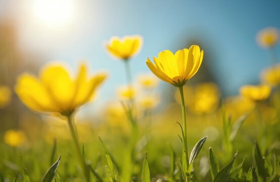 Yellow buttercup flowers bloom in green meadow grass. Bright sunny spring day creates vibrant scene. Blue sky above fresh petals. Warm sun rays shine on wildflowers. Nature beauty. Outdoor plants