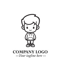 Black and White Chibi Boy Illustration with Jacket and Boots in Bold Thick Line Art Minimal Style