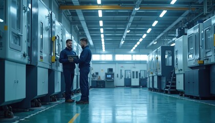Two engineering professionals standing in factory workshop. Men in blue uniform talking, using digital tablet. Industrial CNC machinery, equipment in background. High-tech manufacturing facility with