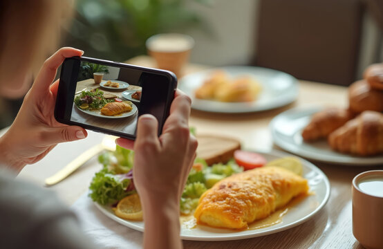 Woman takes photo of breakfast with smartphone. Female blogger makes pictures of food for social media. Person captures meal in cafe with mobile phone for online content.