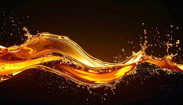 Golden liquid bursts into dynamic droplets against a dark backdrop, creating a fluid wave effect