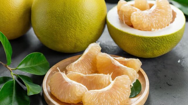Fresh green pomelo fruit on tree with sliced half on wooden table in orchard background, natural tropical citrus fruit concept, organic farming, health, and vitamin-rich nutrition symbol