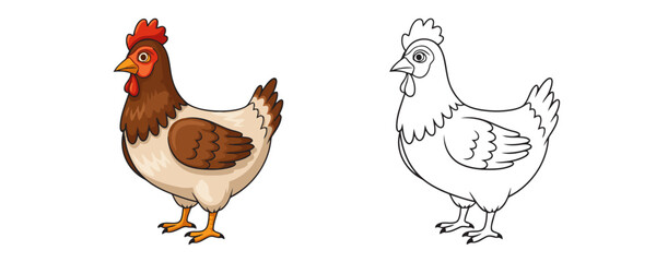 Vector illustration showing a cute farm chicken hen character with brown and white feathers in full color and as a black outline drawing