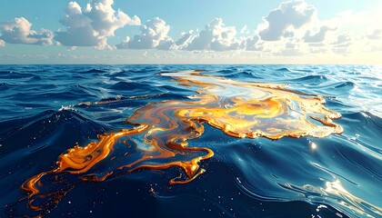 Golden liquid swirls on blue ocean, contrasting sky, white clouds, perspective view, wavy surface under bright sunlight