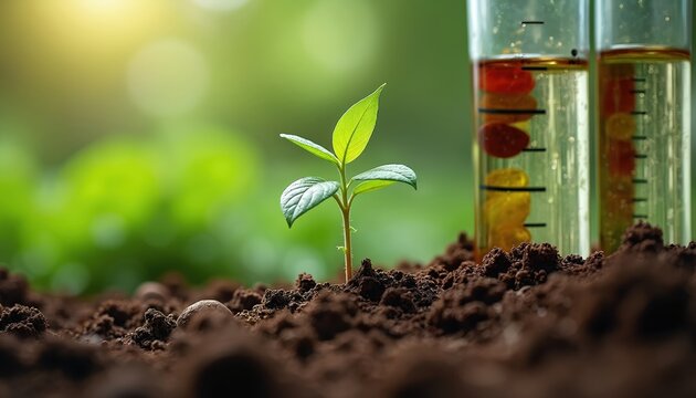 Small green plant grows from rich brown soil with sunlight. Lab test tubes containing colorful solutions next to. Scene shows agri science research, plant nutrient analysis, eco friendly farming tech