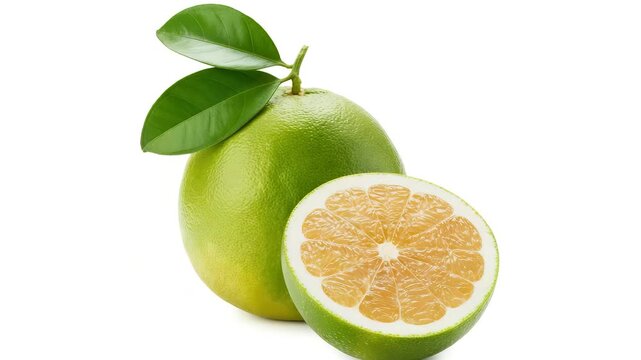 Fresh pomelo fruit with yellow juicy flesh and green leaves isolated on white background, healthy tropical citrus fruit rich in vitamin C, symbol of natural freshness and organic nutrition,Ai video,vi