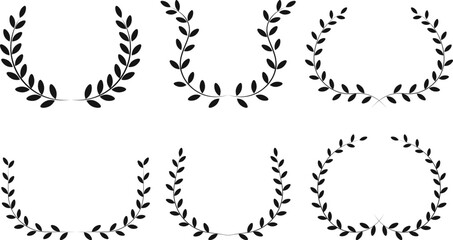 Fototapeta premium A set of black laurel wreath vector icons symbolizing victory and achievement, ideal for logo design elements, awards or certificates.