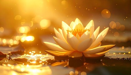 Golden lotus blossom gently floats on water, lit by warm, bokeh-filled sunlight. Serene & peaceful scenery