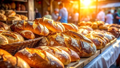 Golden loaves of bread at an outdoor market bask in the sunlight, with blurred people in the background