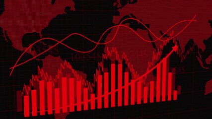 Red Global Financial Market Downturn Visualization with World Map and Bar Graphs finance business animation. Red bar charts animated over world map showing declining global financial market data. - Powered by Adobe